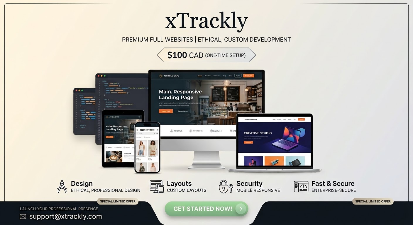 xTrackly ad: premium full websites for $100 CAD, shown on desktop, tablet and phone. Contact support@xtrackly.com